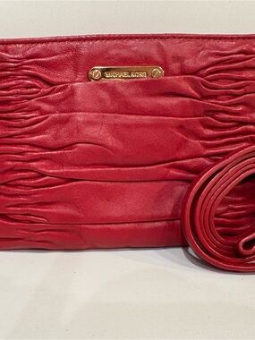 Michael Kors Small Red Leather Scrunch Clutch With Removable Shoulder Strap